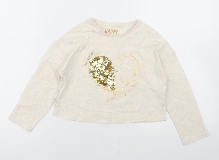F&F Girls Beige  Cotton Basic T-Shirt Size 5-6 Years Crew Neck  - Heart