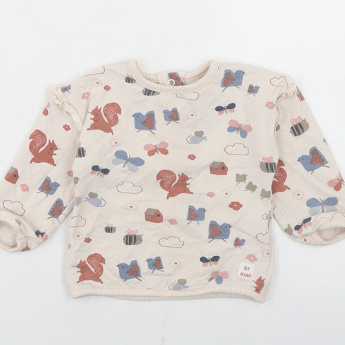 Marks and Spencer Girls Beige Geometric Cotton Basic T-Shirt Size 12-18 Months Crew Neck Snap - Woodland Creatures