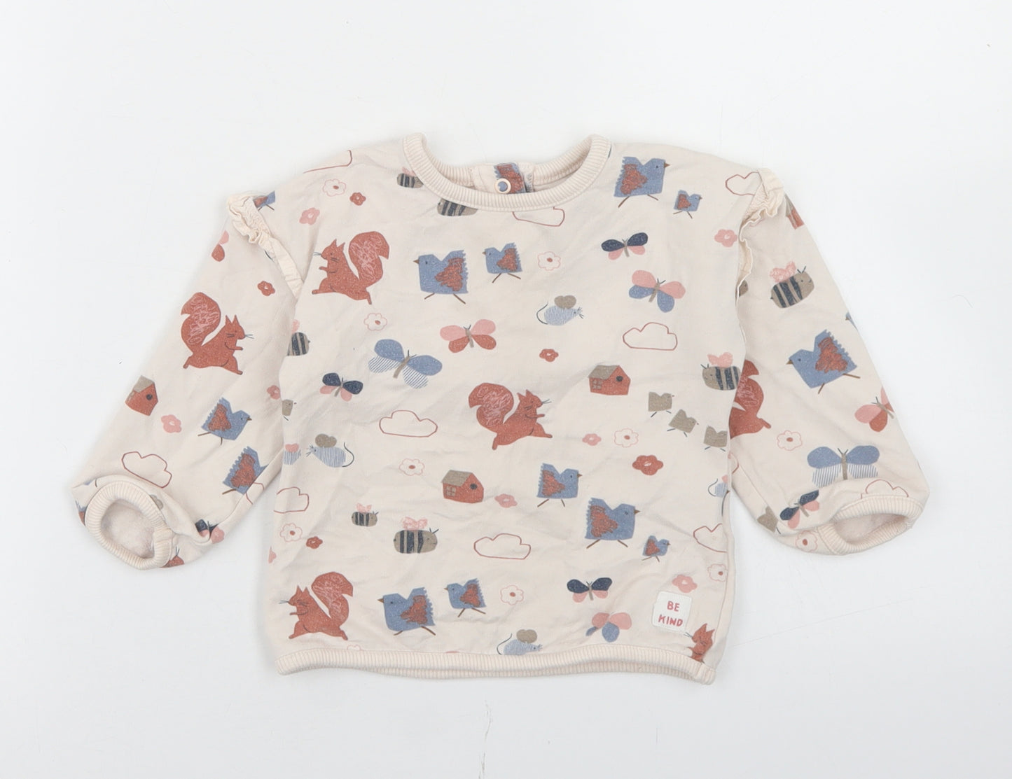 Marks and Spencer Girls Beige Geometric Cotton Basic T-Shirt Size 12-18 Months Crew Neck Snap - Woodland Creatures