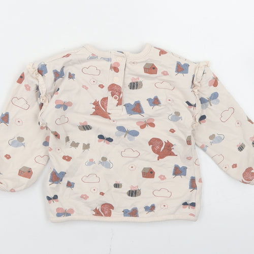 Marks and Spencer Girls Beige Geometric Cotton Basic T-Shirt Size 12-18 Months Crew Neck Snap - Woodland Creatures