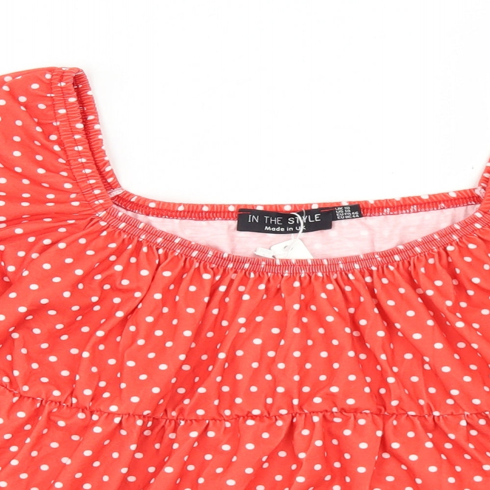 In the Style Womens Red Polka Dot Polyester Cropped Blouse Size 18 Square Neck - Peplum