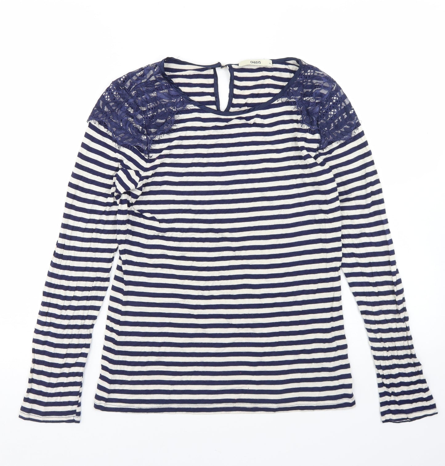 Oasis Womens Blue Striped Polyester Basic T-Shirt Size M Round Neck - Lace Trim