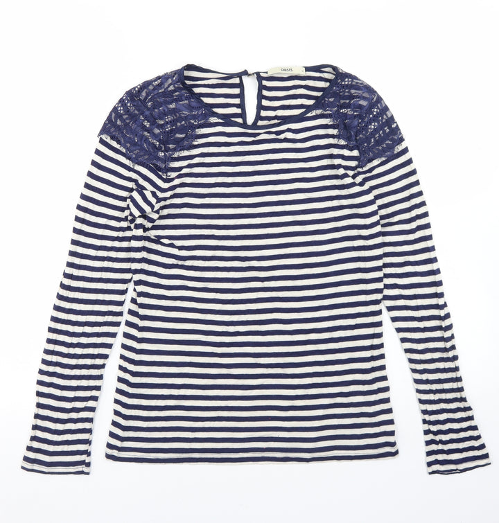 Oasis Womens Blue Striped Polyester Basic T-Shirt Size M Round Neck - Lace Trim