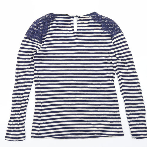 Oasis Womens Blue Striped Polyester Basic T-Shirt Size M Round Neck - Lace Trim