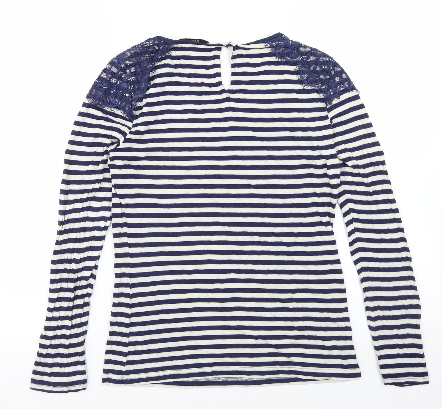 Oasis Womens Blue Striped Polyester Basic T-Shirt Size M Round Neck - Lace Trim