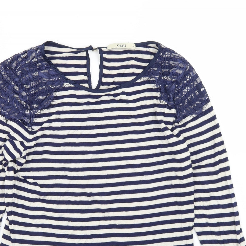 Oasis Womens Blue Striped Polyester Basic T-Shirt Size M Round Neck - Lace Trim