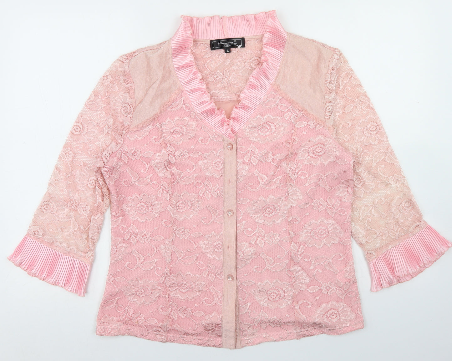Dancing Couture Womens Pink  Nylon Basic Button-Up Size L V-Neck - Lace Overlay