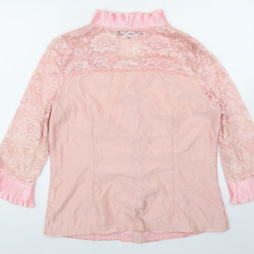 Dancing Couture Womens Pink  Nylon Basic Button-Up Size L V-Neck - Lace Overlay