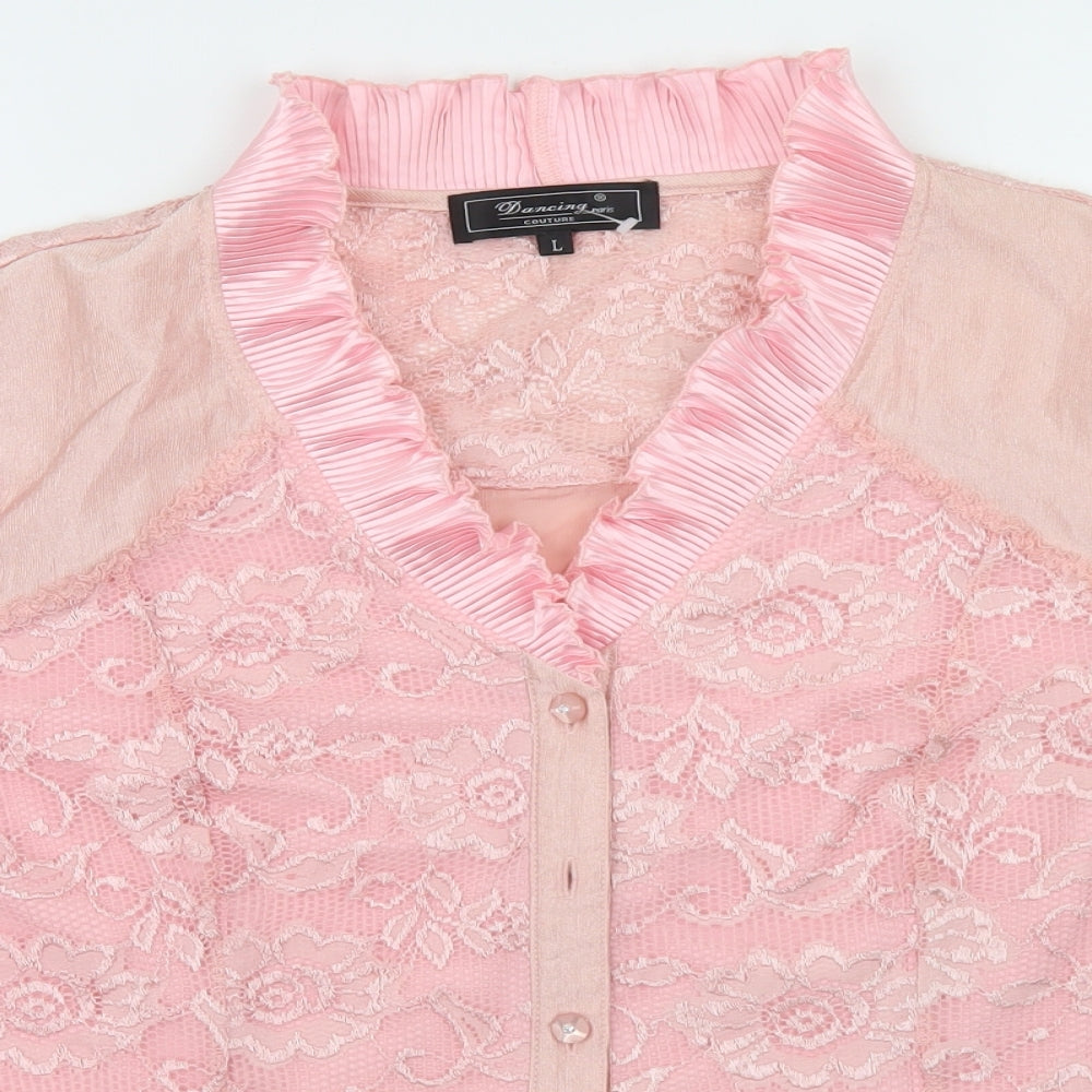 Dancing Couture Womens Pink  Nylon Basic Button-Up Size L V-Neck - Lace Overlay