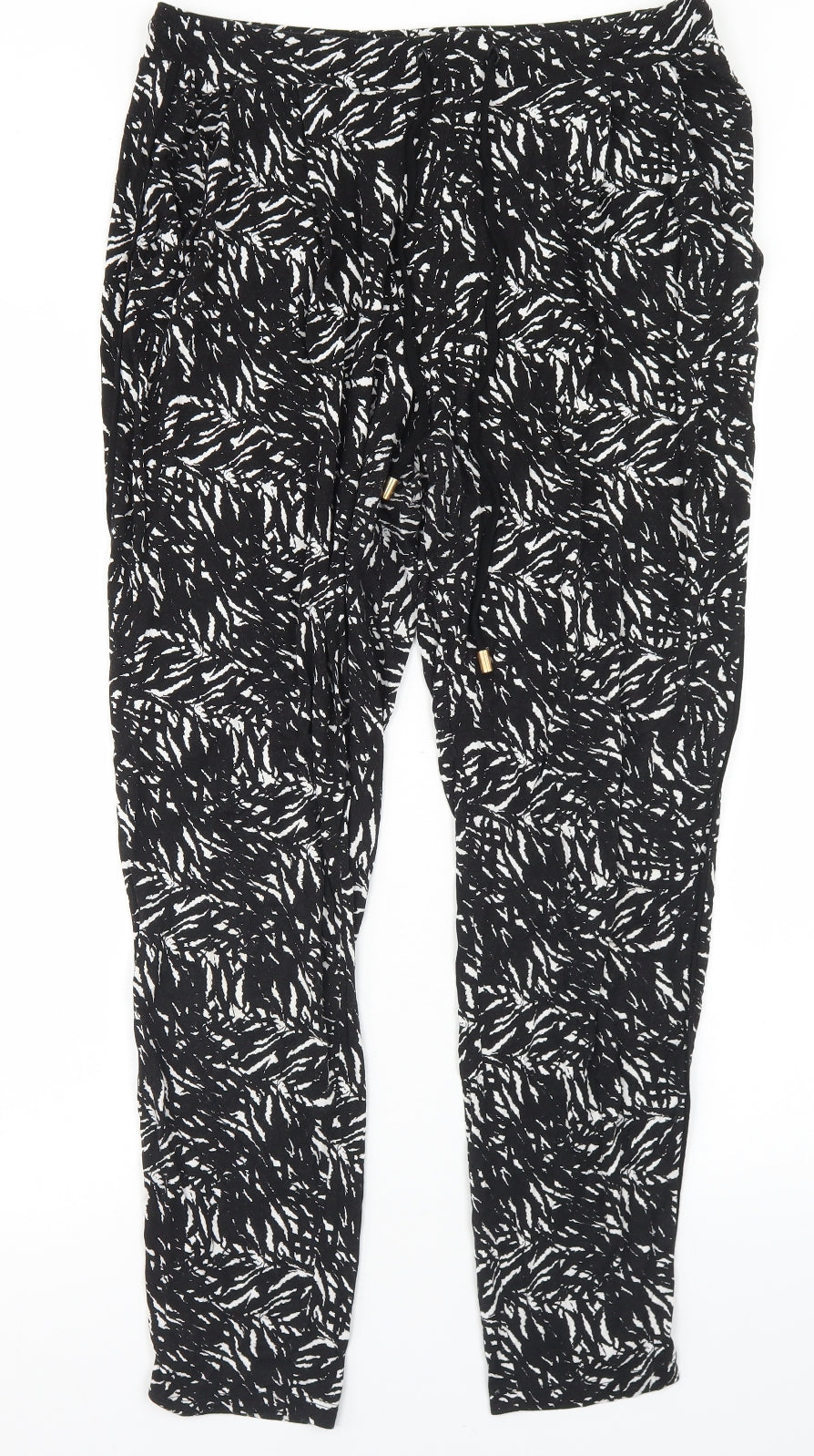 F&F Womens Black Geometric Viscose Harem Trousers Size 14 L26 in Regular Drawstring