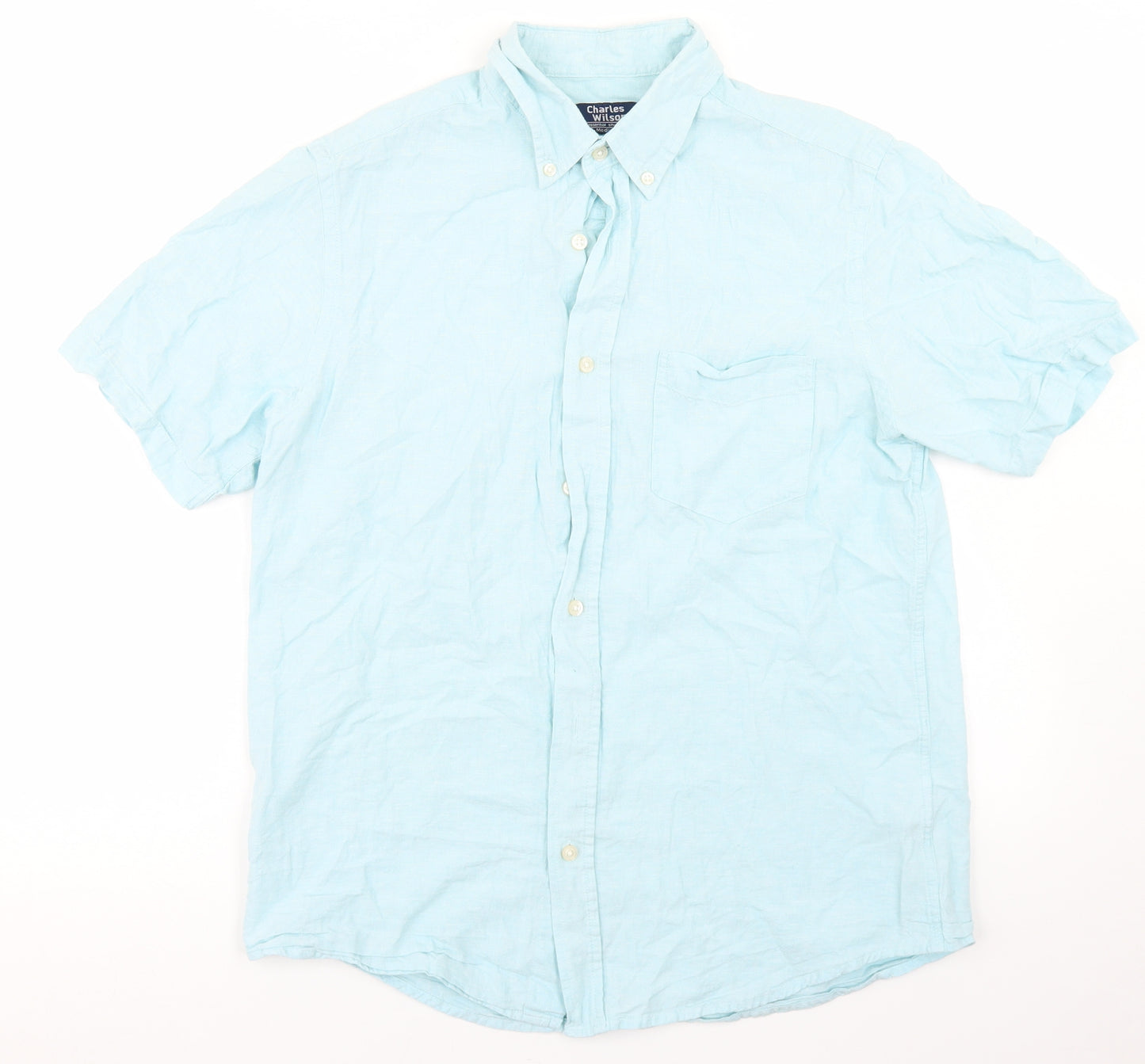 Charles Wilson Mens Blue  Linen  Button-Up Size M Collared Button