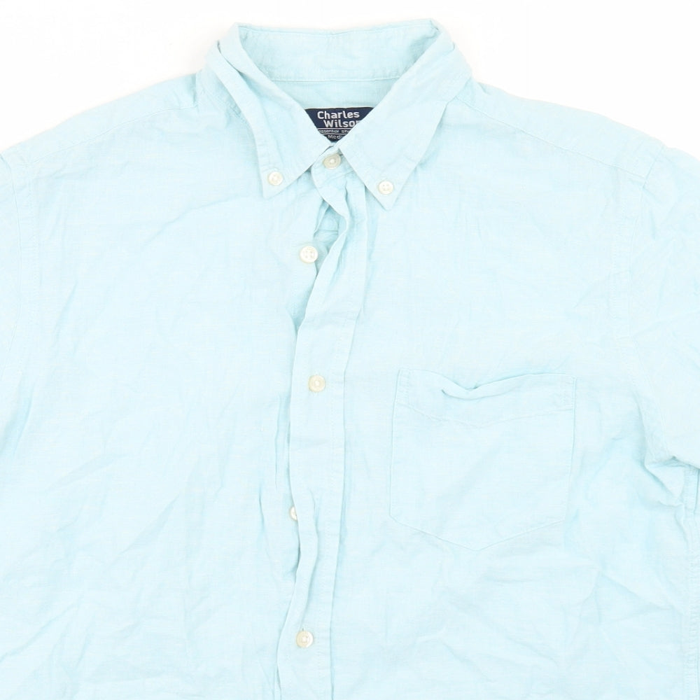 Charles Wilson Mens Blue  Linen  Button-Up Size M Collared Button