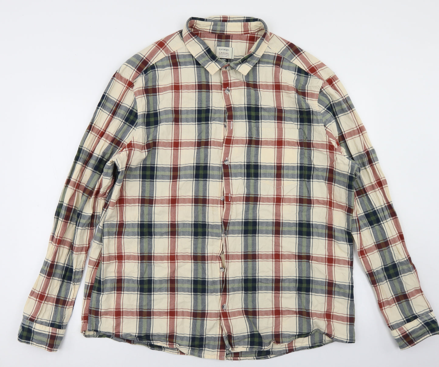 George Mens Beige Plaid Cotton  Button-Up Size 2XL Collared Button