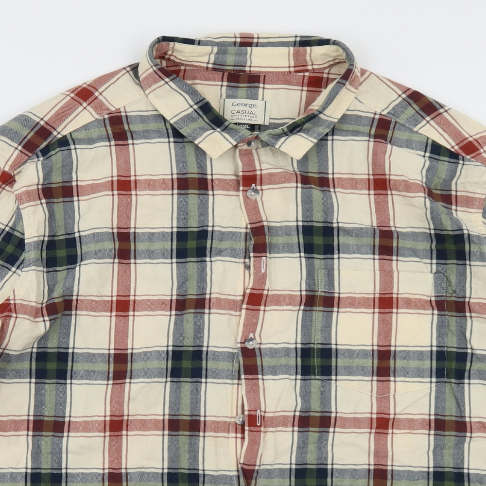 George Mens Beige Plaid Cotton  Button-Up Size 2XL Collared Button