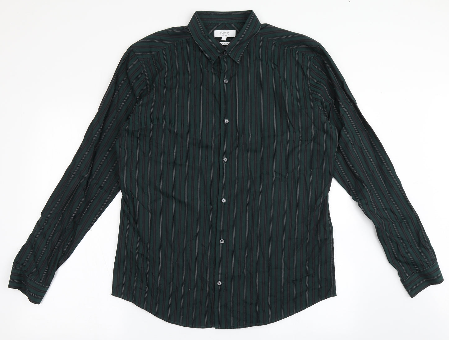 NEXT Mens Green Striped Cotton  Button-Up Size L Collared Button