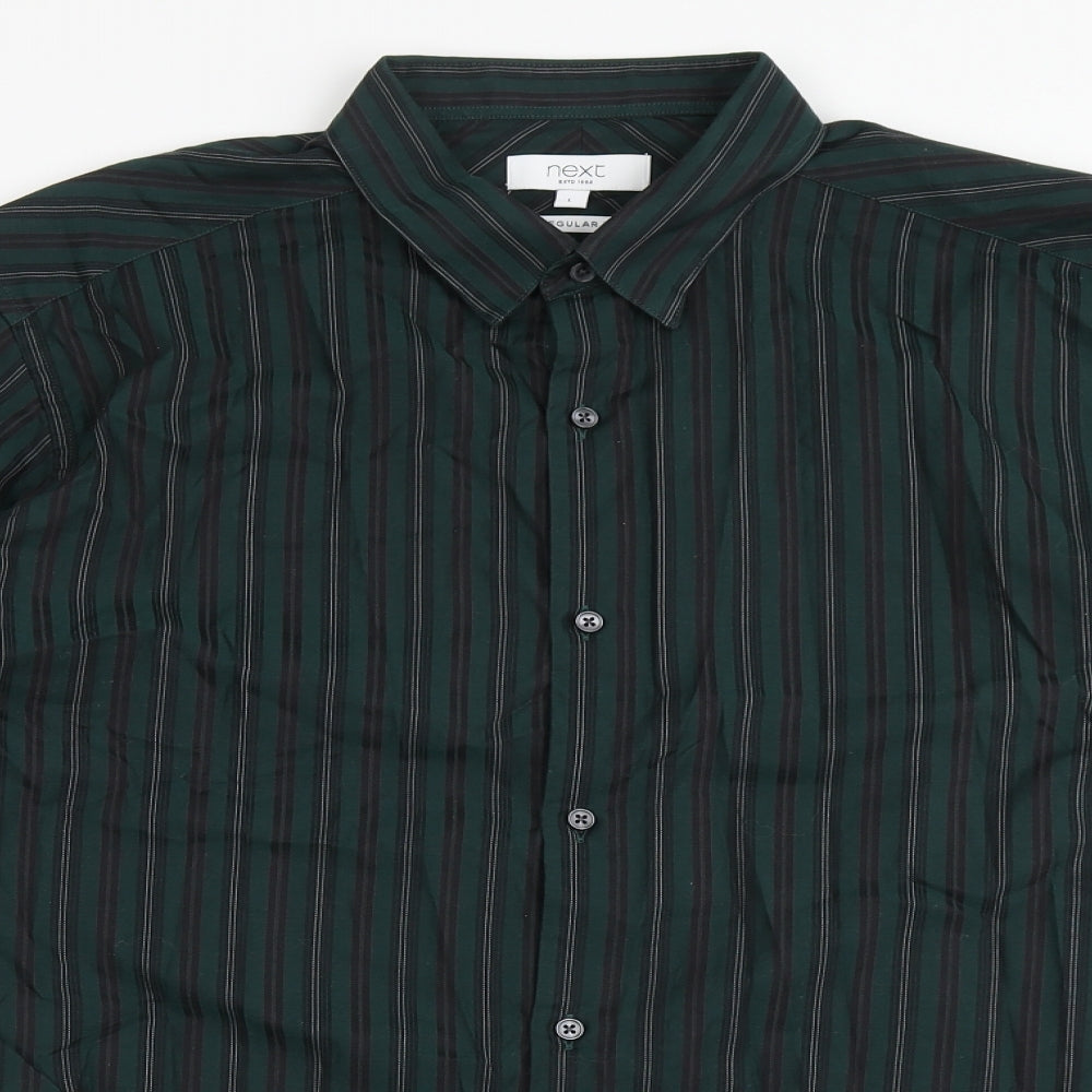 NEXT Mens Green Striped Cotton  Button-Up Size L Collared Button