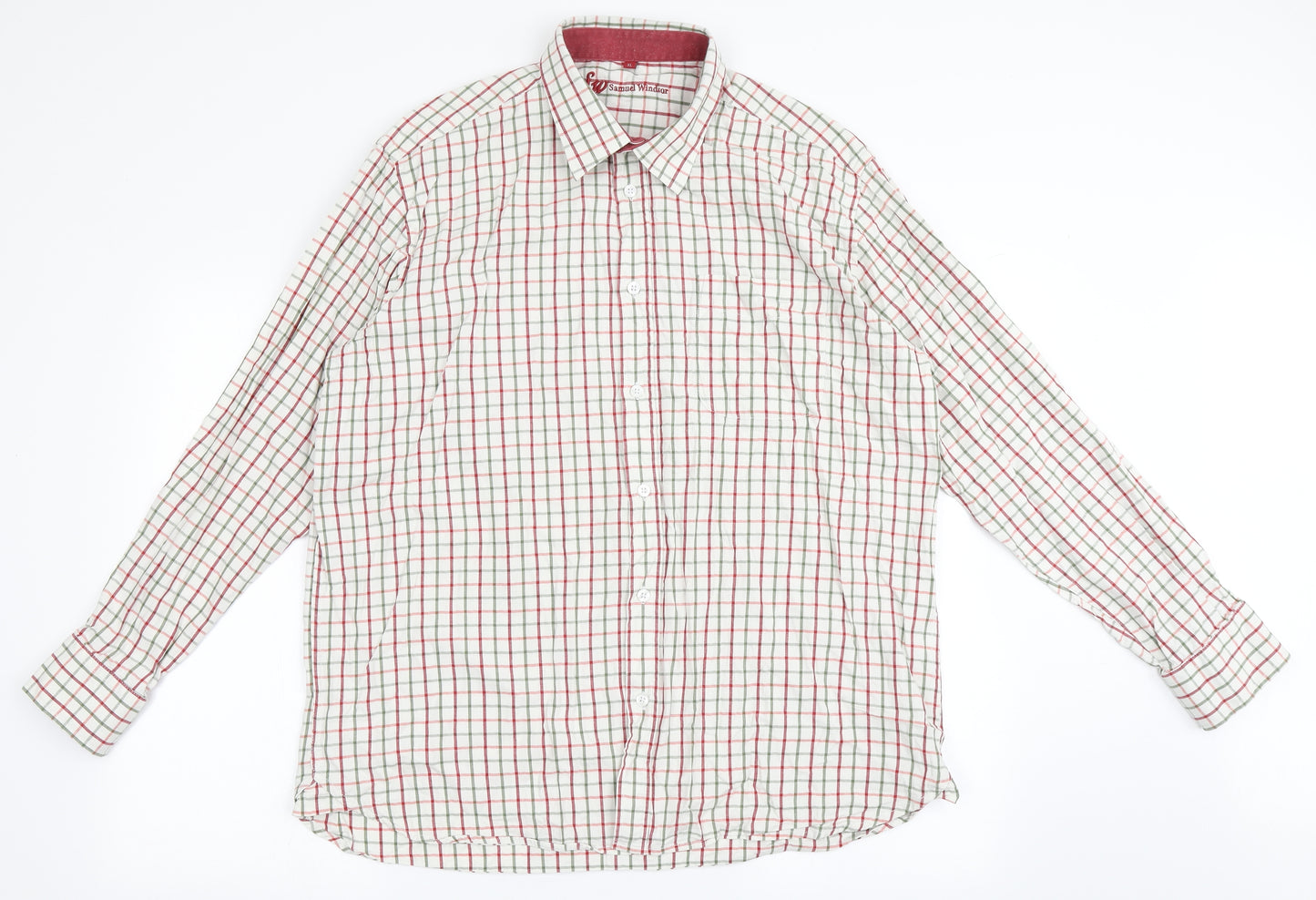 Samuel Windsor Mens Ivory Check Cotton  Button-Up Size XL Collared Button