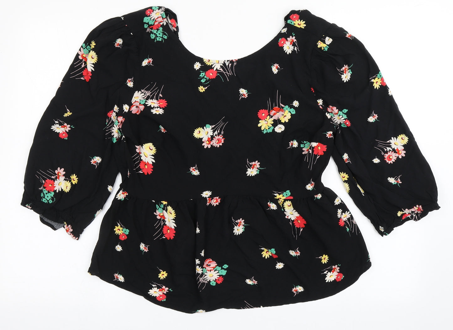 New Look Womens Black Floral Viscose Basic Blouse Size 14 Round Neck