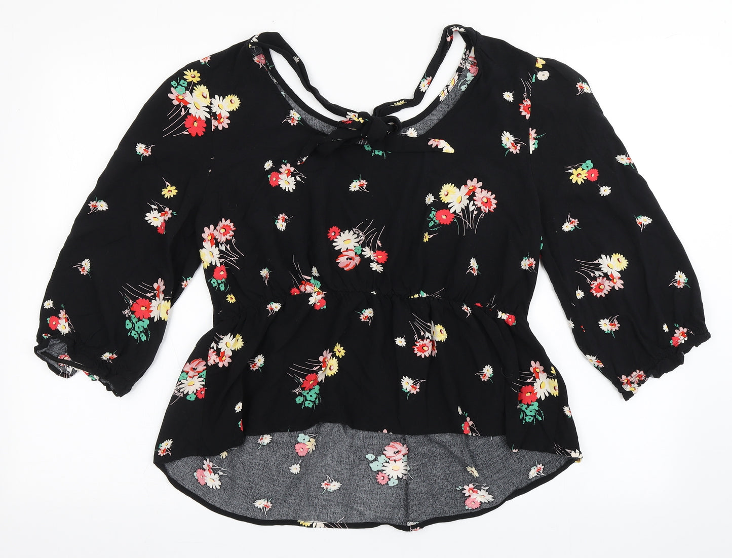 New Look Womens Black Floral Viscose Basic Blouse Size 14 Round Neck