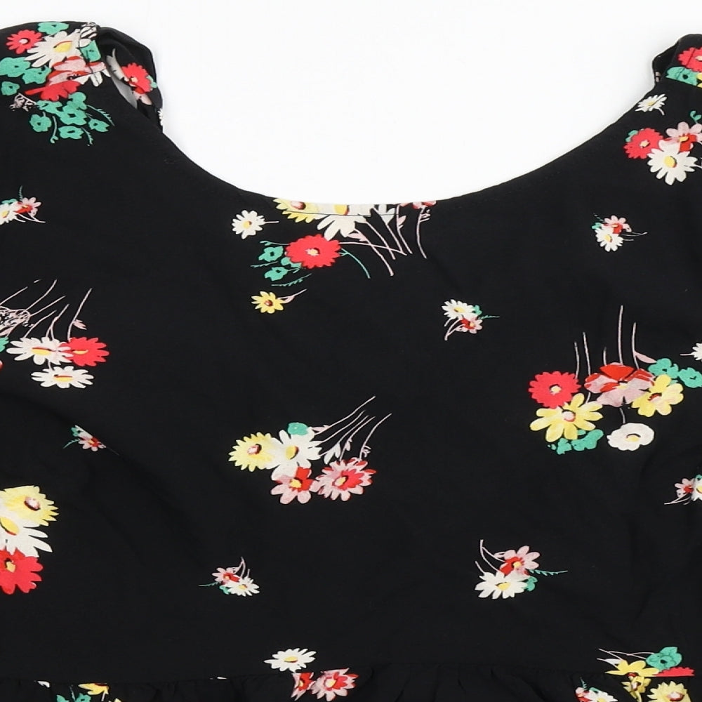 New Look Womens Black Floral Viscose Basic Blouse Size 14 Round Neck