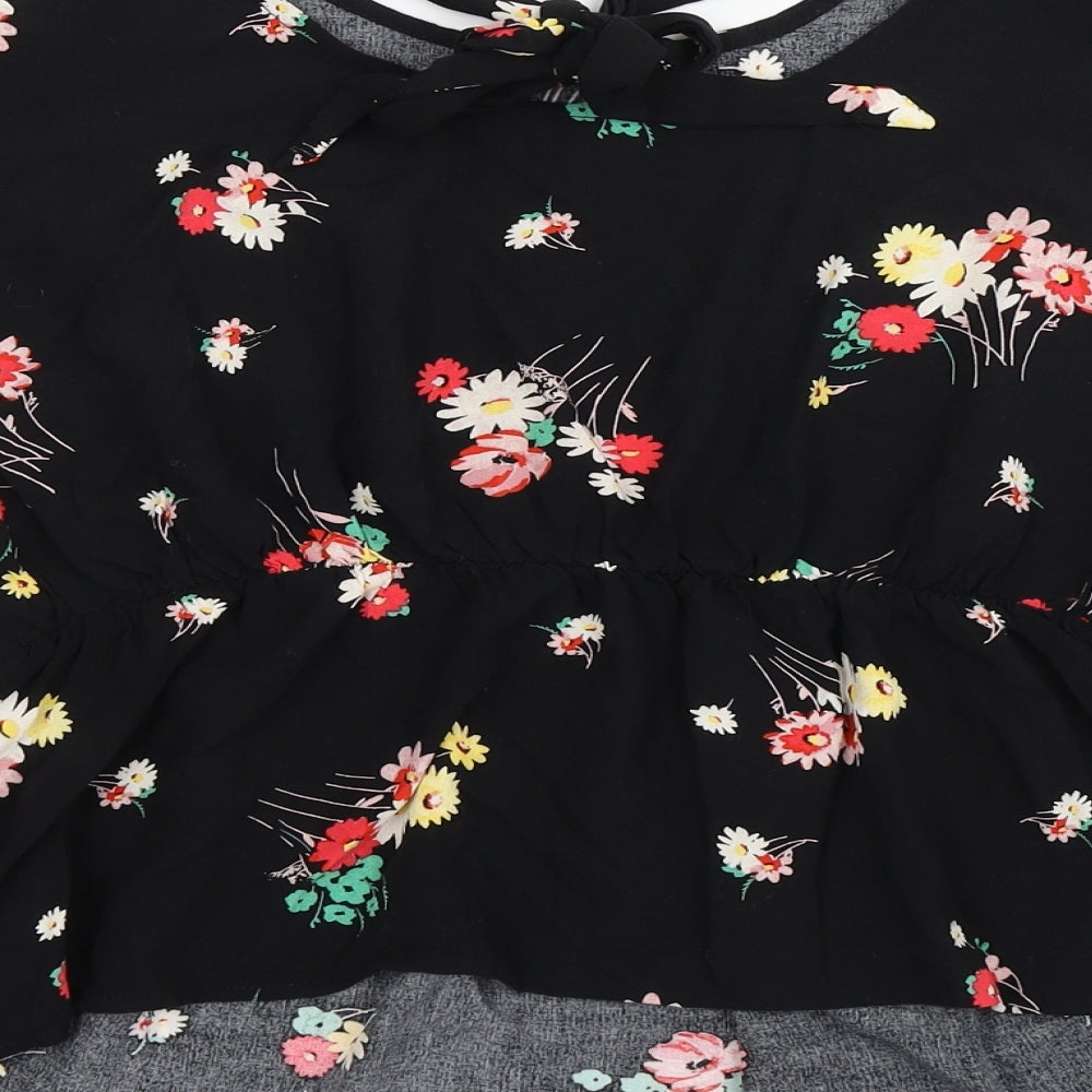 New Look Womens Black Floral Viscose Basic Blouse Size 14 Round Neck