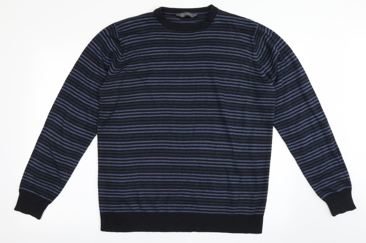 Cedar Wood State Mens Blue Round Neck Striped Acrylic Pullover Jumper Size XL