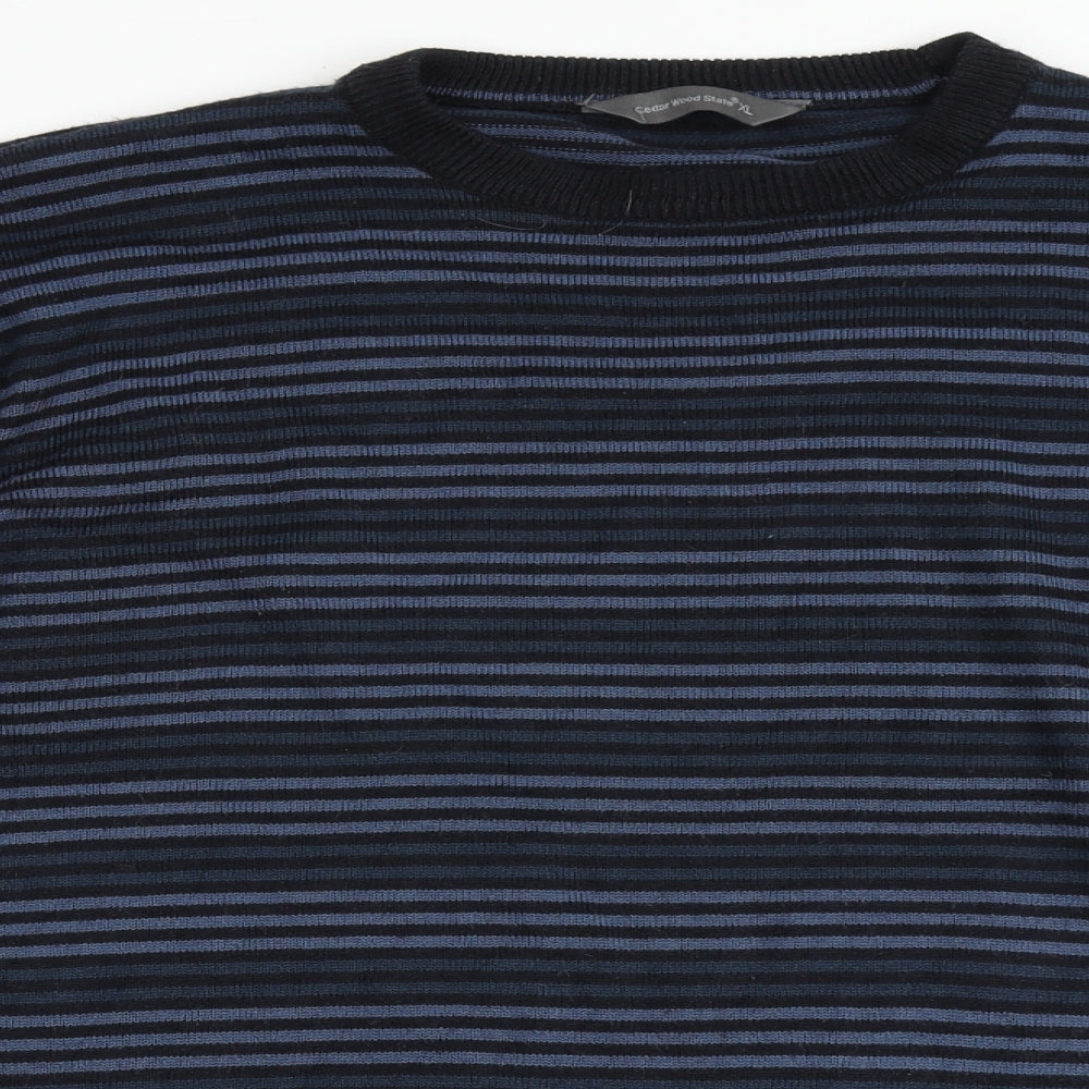 Cedar Wood State Mens Blue Round Neck Striped Acrylic Pullover Jumper Size XL