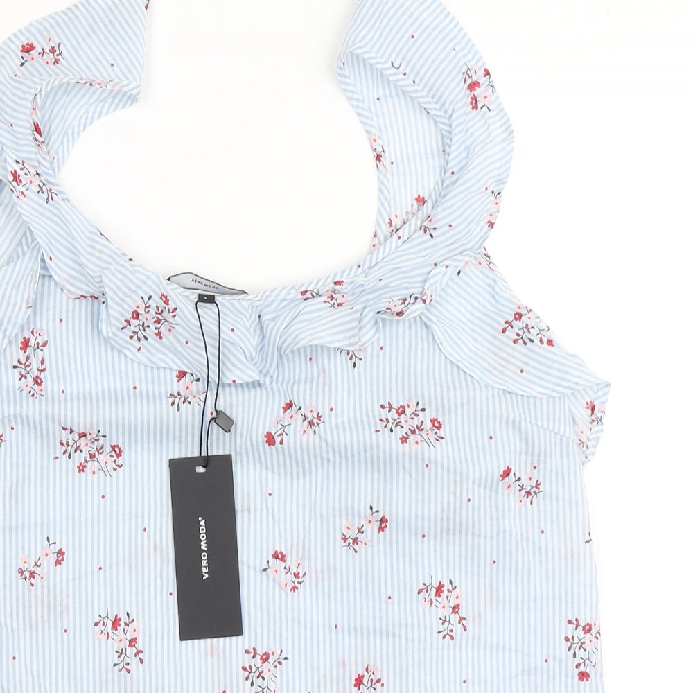 VERO MODA Womens Blue Striped 100% Cotton Basic Blouse Size L Scoop Neck