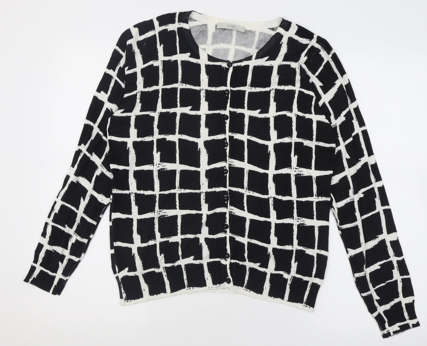 George Womens Black Crew Neck Check Viscose Cardigan Jumper Size 14