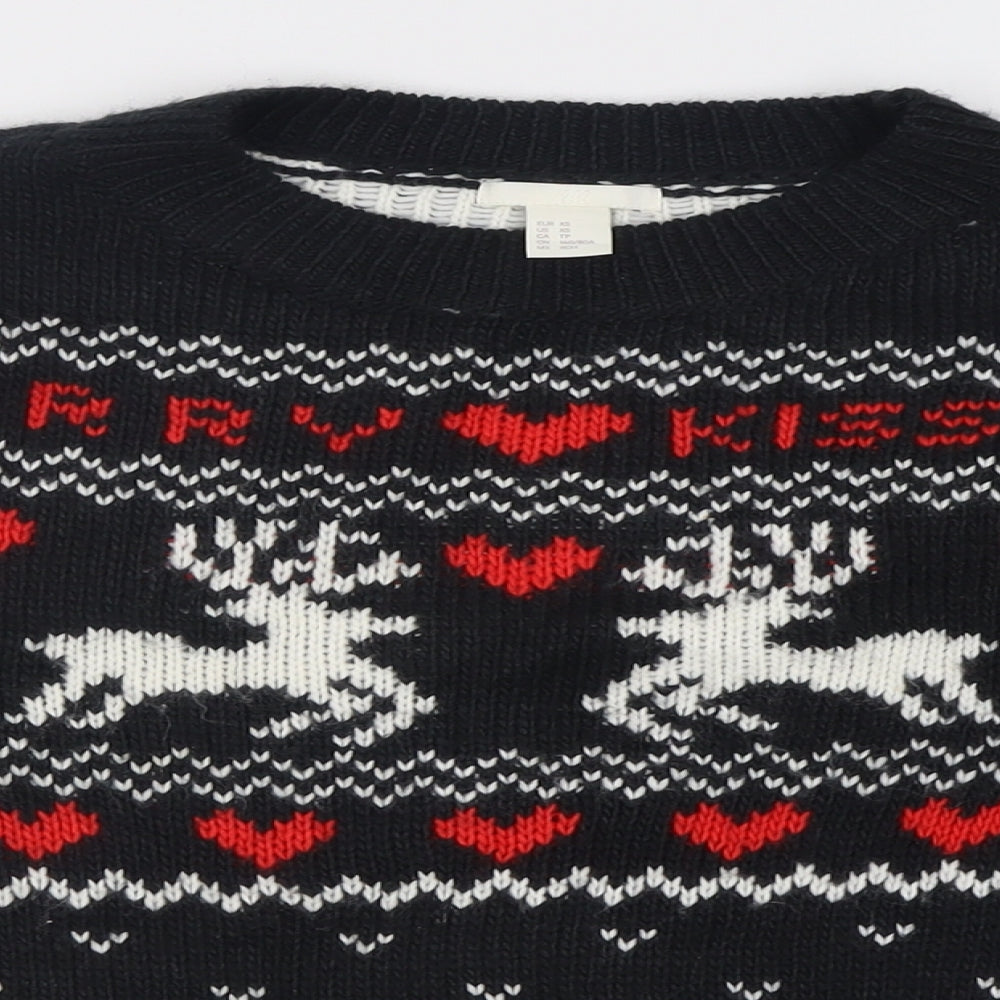 H&M Womens Black Crew Neck Geometric Acrylic Pullover Jumper Size XS   - Christmas  Jumper