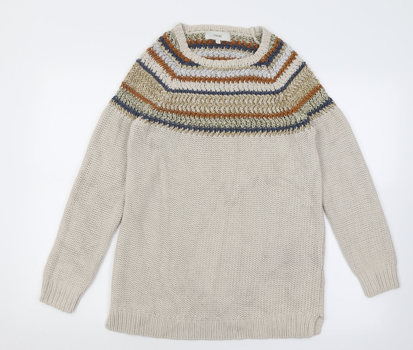 NEXT Womens Beige Crew Neck Fair Isle Cotton Tunic Jumper Size S