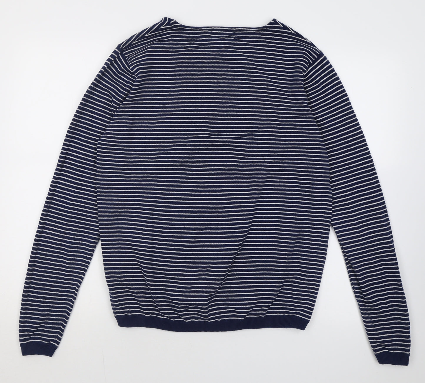 Marks and Spencer Mens Black Crew Neck Striped Cotton Pullover Jumper Size M