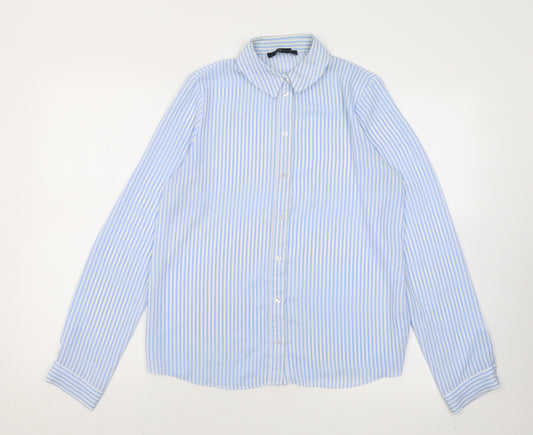Front view of Atmosphere women’s blue striped polyester basic button-up, size UK 8, collared