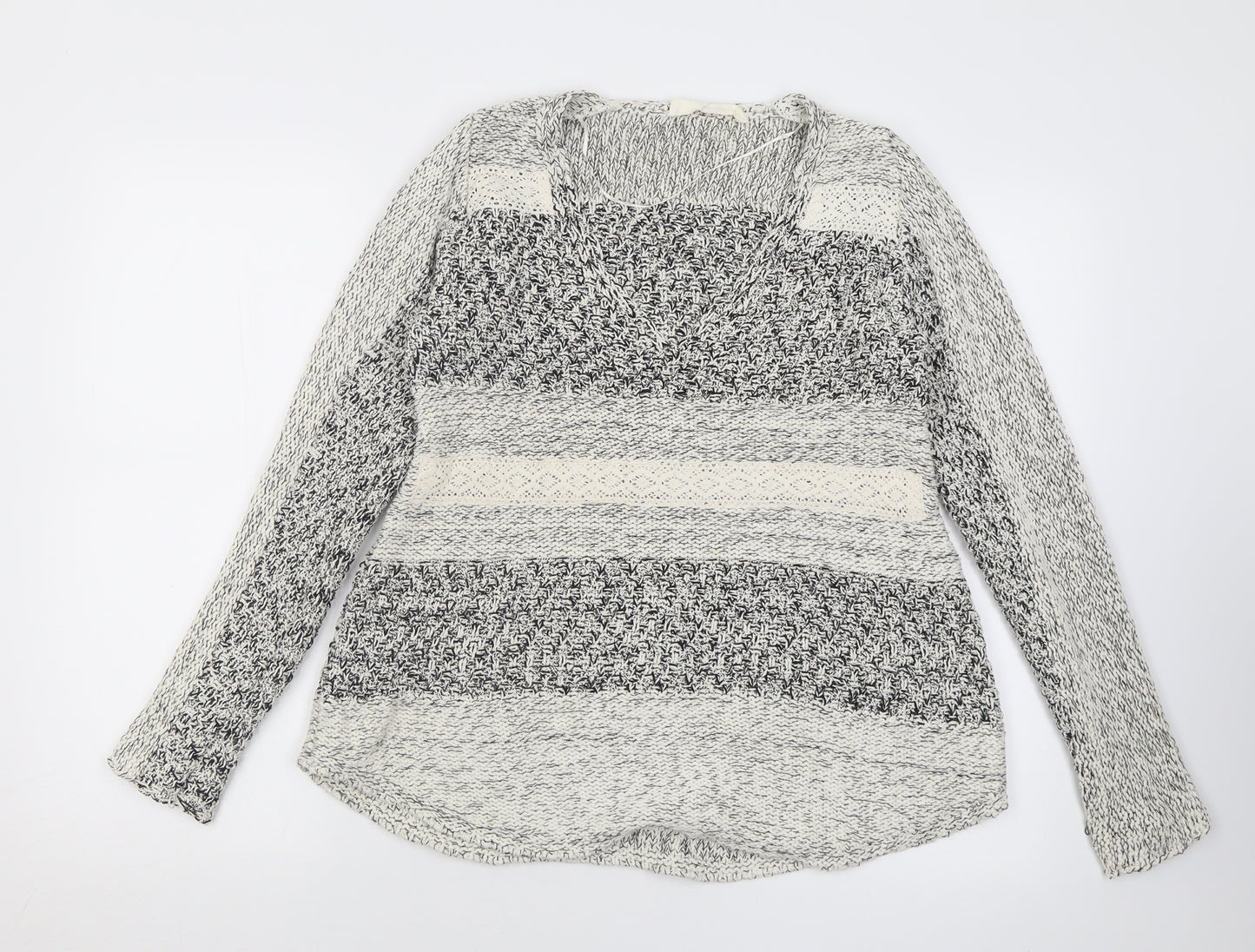 Zara Womens Grey V-Neck Striped Cotton Pullover Jumper Size M