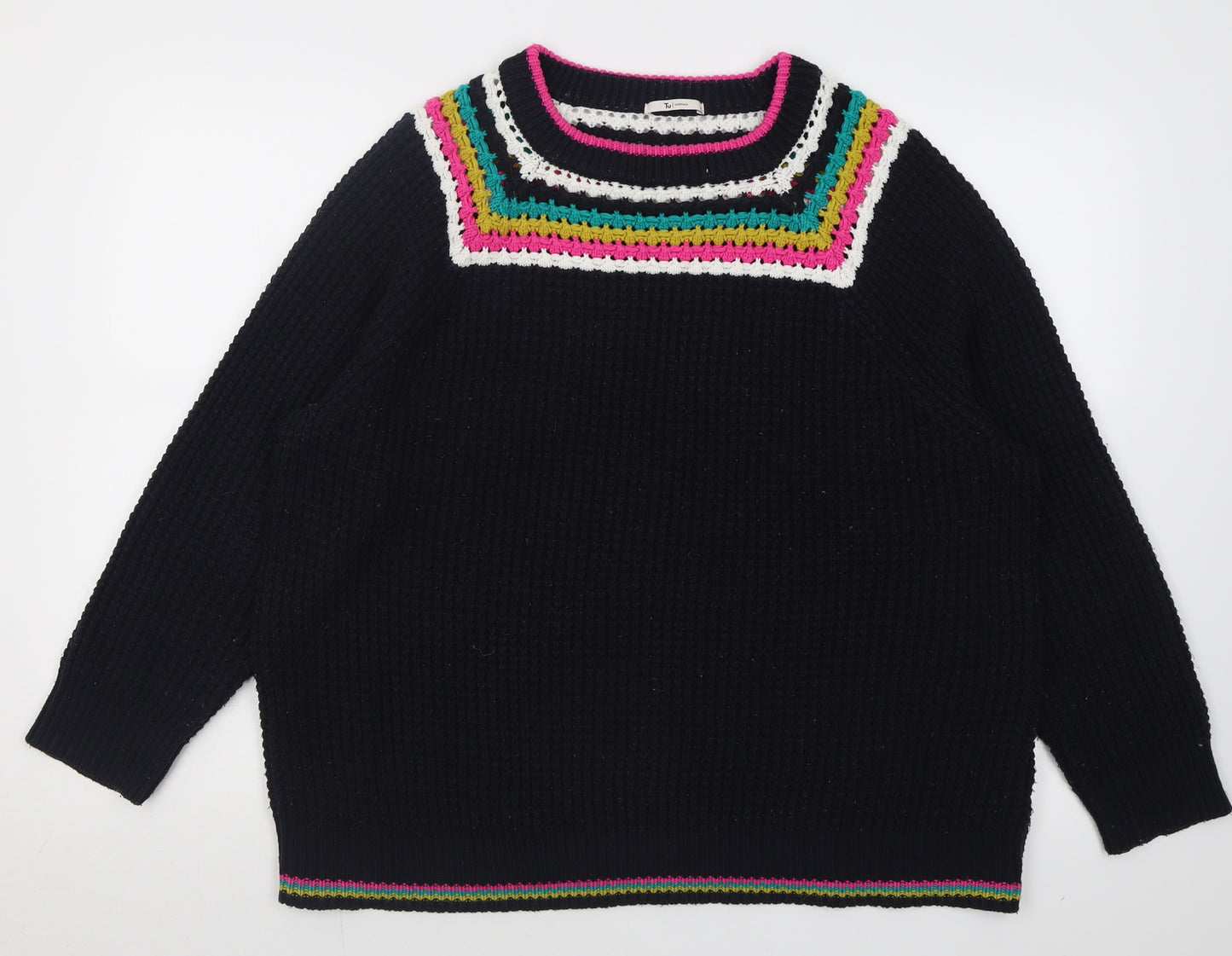 TU Womens Black Crew Neck Striped Acrylic Pullover Jumper Size 18