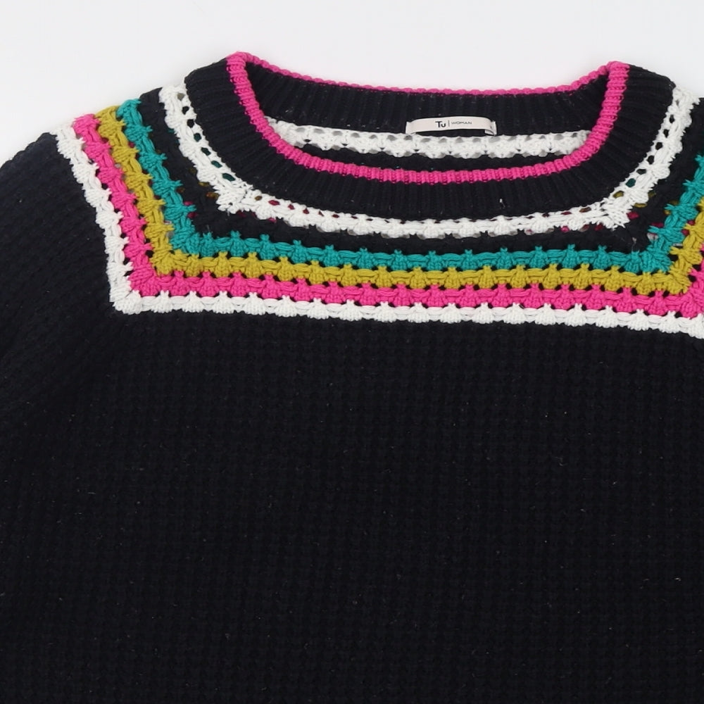 TU Womens Black Crew Neck Striped Acrylic Pullover Jumper Size 18