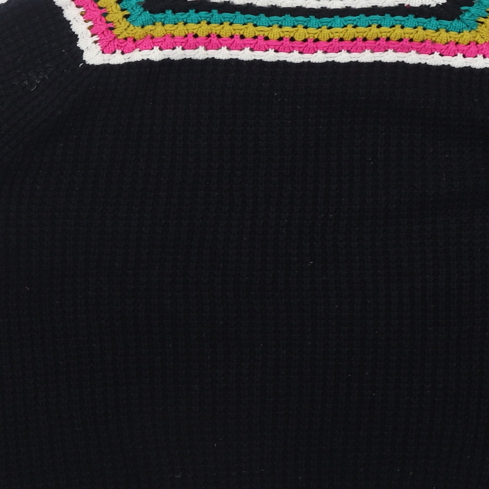 TU Womens Black Crew Neck Striped Acrylic Pullover Jumper Size 18