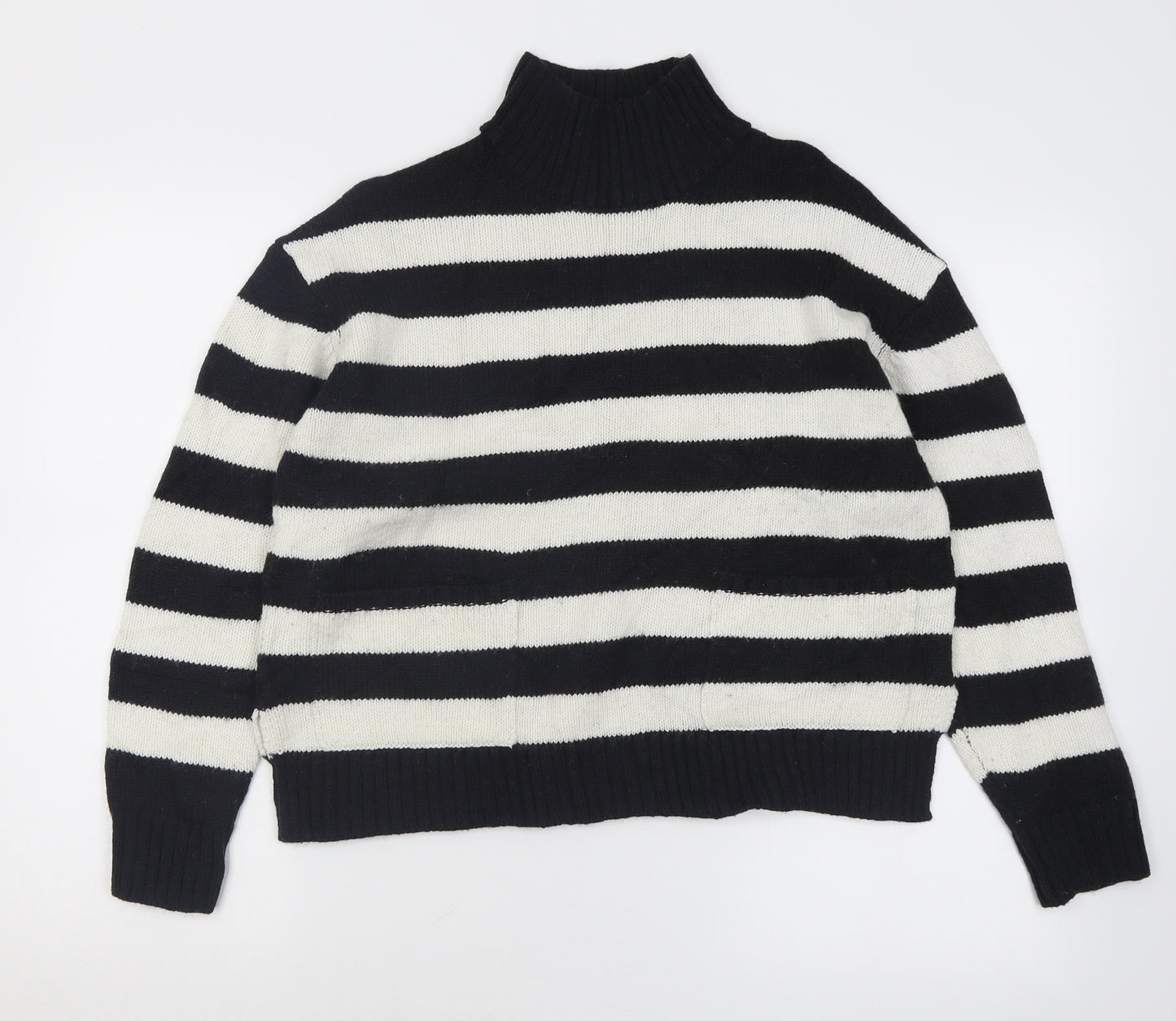 Marks and Spencer Womens White High Neck Striped Acrylic Pullover Jumper Size M