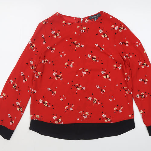 Primark Womens Red Floral Polyester Basic Blouse Size 10 Crew Neck