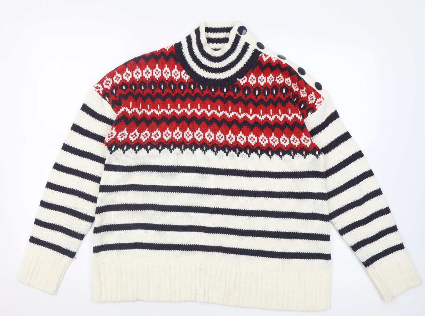 Marks and Spencer Womens White High Neck Striped Acrylic Pullover Jumper Size M
