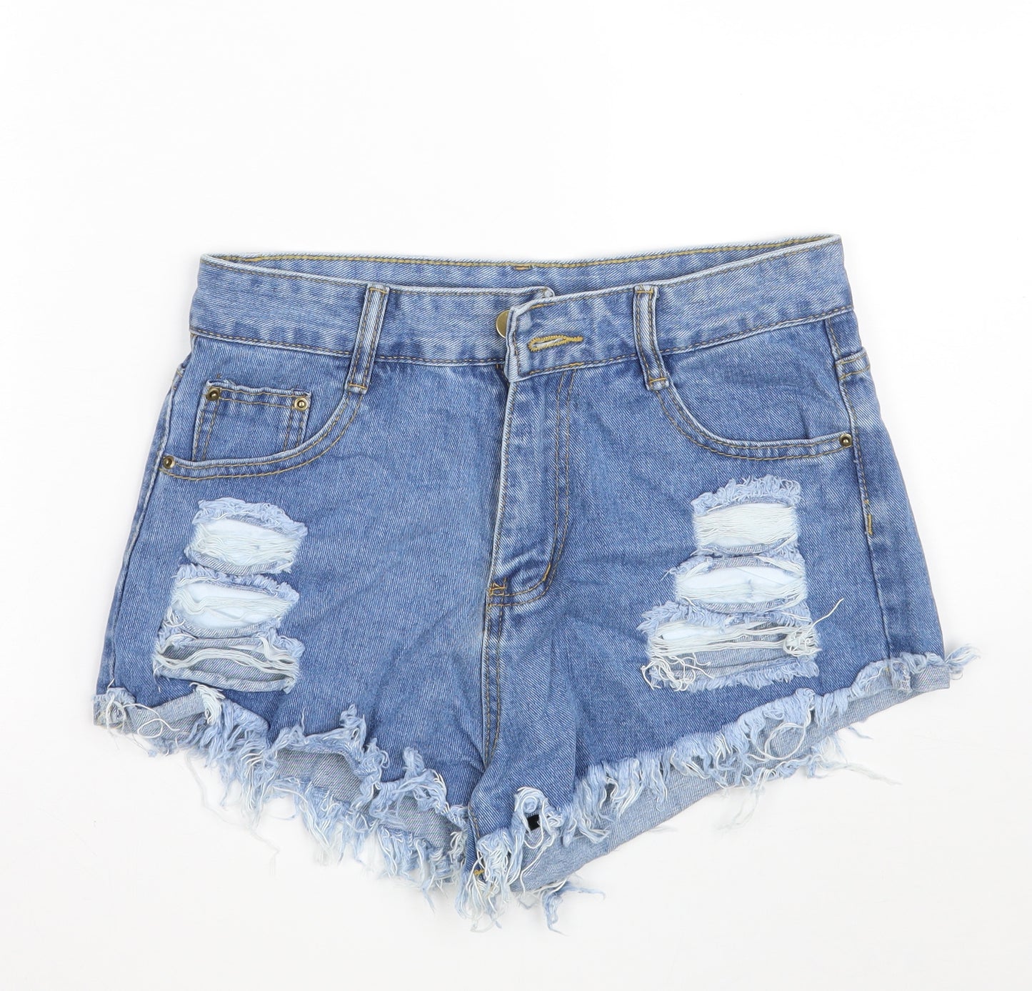 SheIn Womens Blue  Cotton Hot Pants Shorts Size S  Slim Zip - Distressed