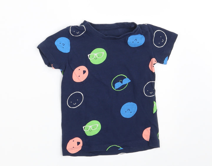 Dunnes Stores Boys Blue Cotton Basic T-Shirt Size 12-18 Months Round Neck - Smiley Faces