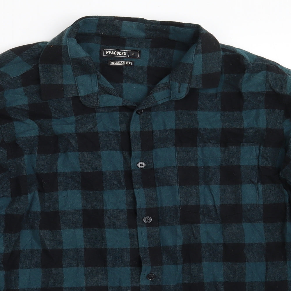 Peacocks Mens Blue Check Cotton  Button-Up Size L Collared Button