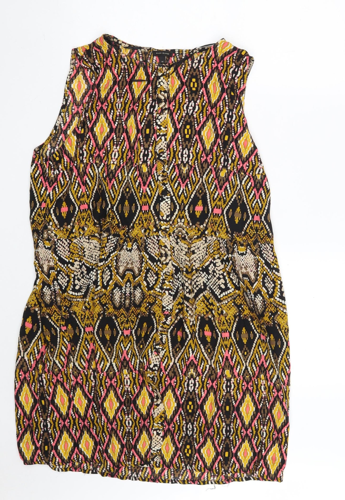 River Island Womens Multicoloured Argyle/Diamond Viscose A-Line  Size 16  Boat Neck Button