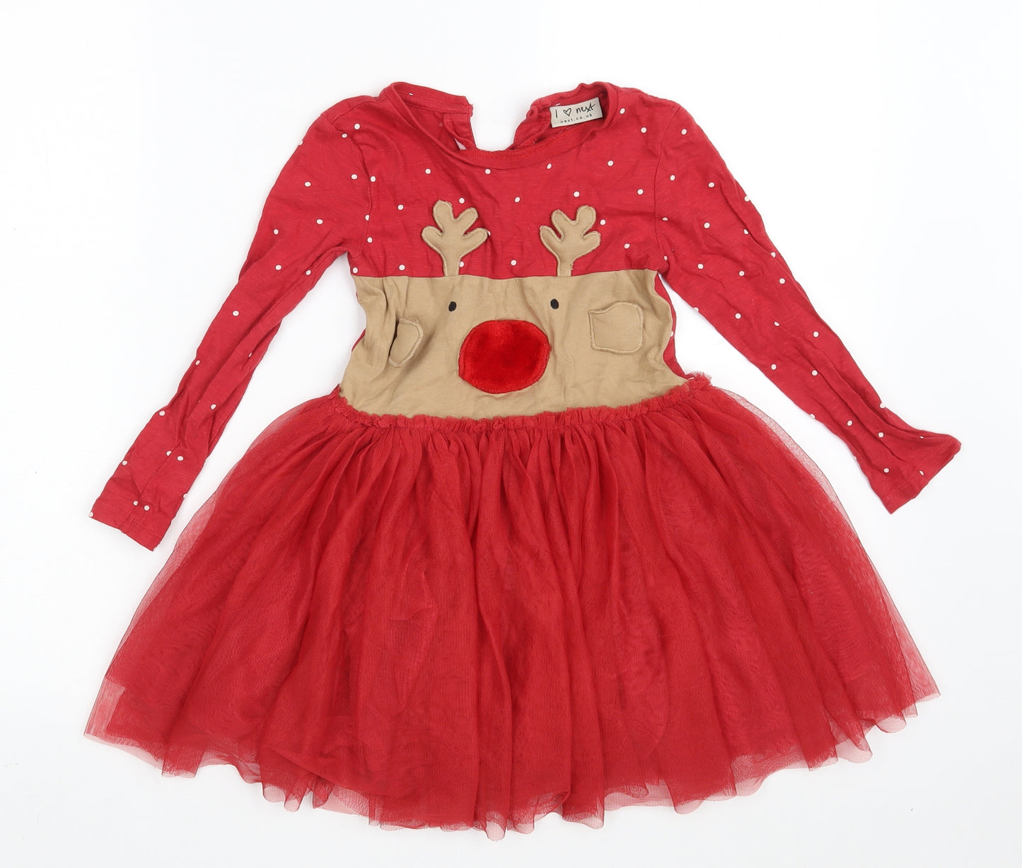 NEXT Girls Red Polka Dot Cotton A-Line  Size 4-5 Years  Round Neck Button - Reindeer