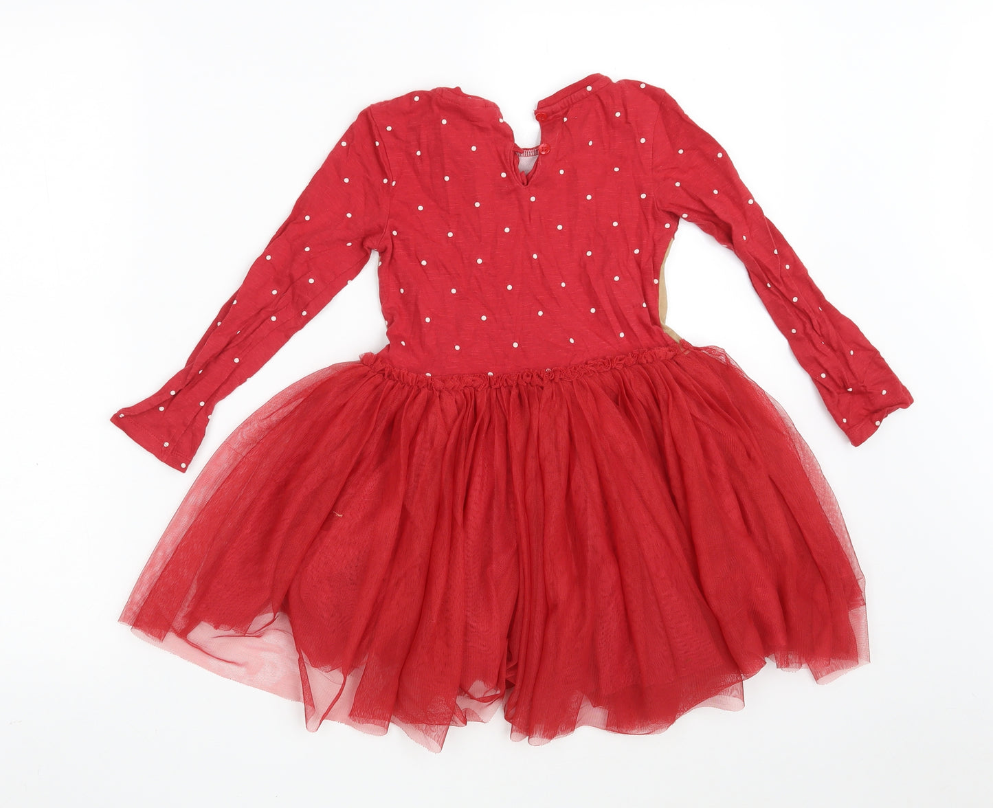 NEXT Girls Red Polka Dot Cotton A-Line  Size 4-5 Years  Round Neck Button - Reindeer