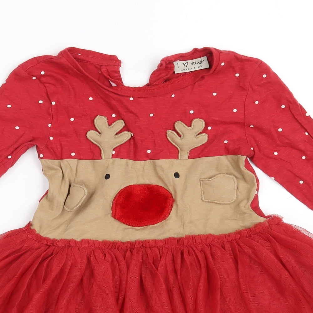 NEXT Girls Red Polka Dot Cotton A-Line  Size 4-5 Years  Round Neck Button - Reindeer