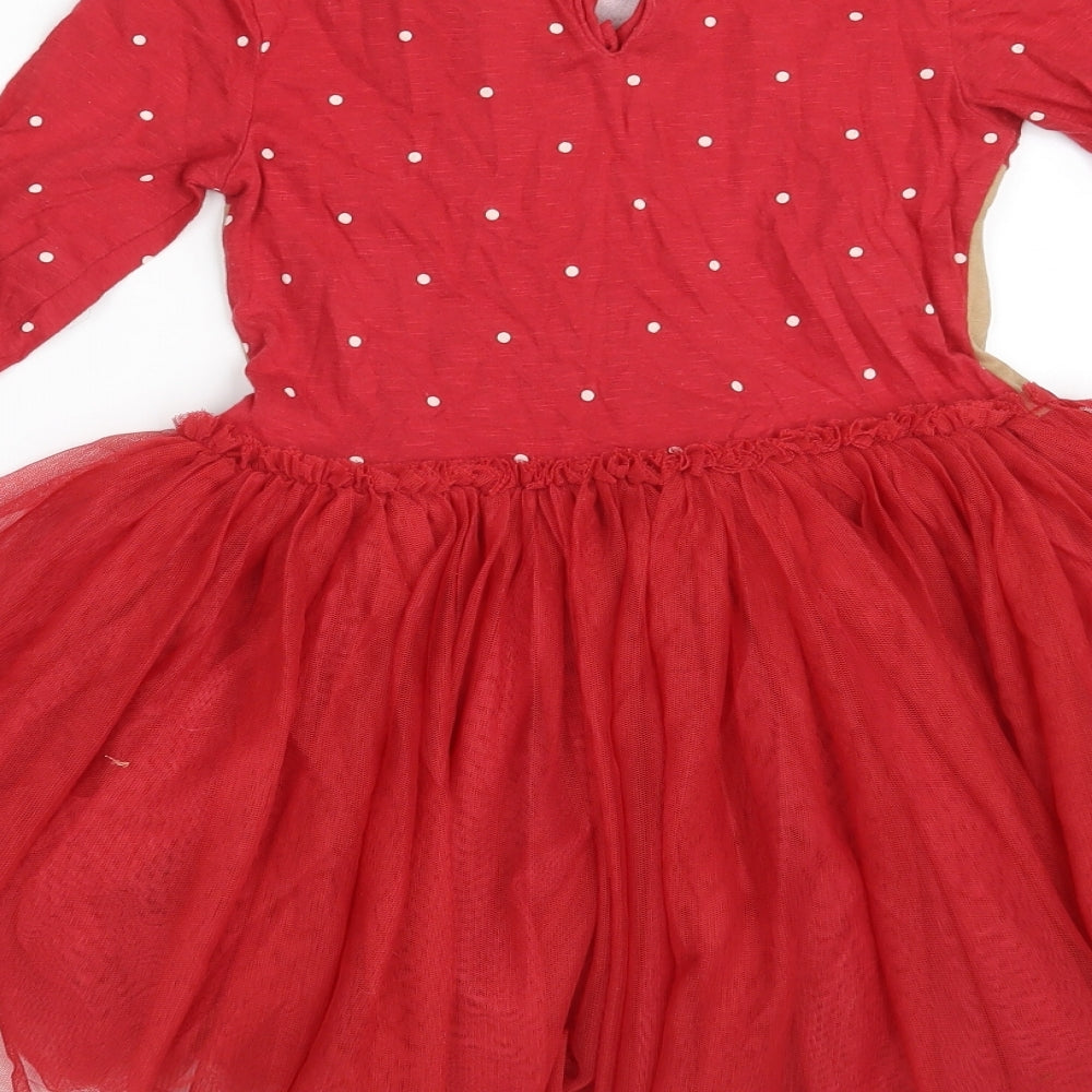 NEXT Girls Red Polka Dot Cotton A-Line  Size 4-5 Years  Round Neck Button - Reindeer
