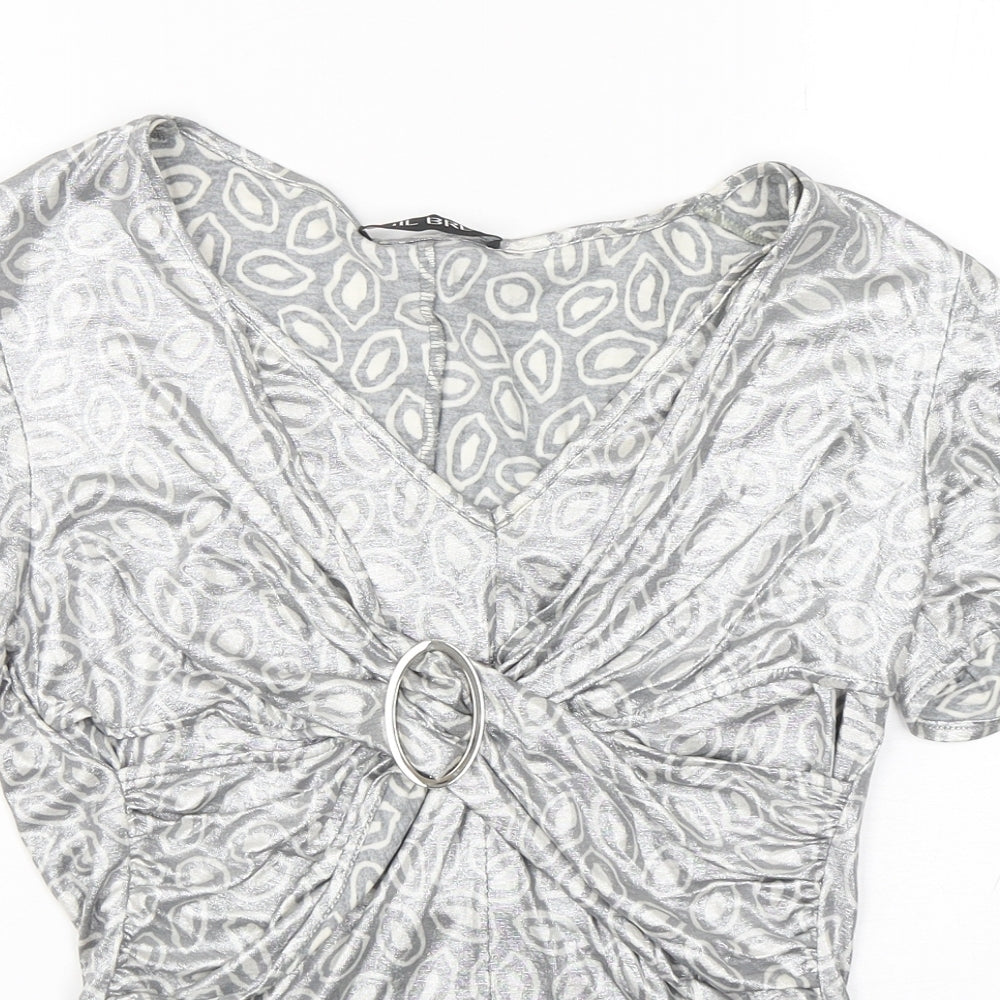 Gil Bret Womens Silver Animal Print Viscose Basic Blouse Size 10 V-Neck