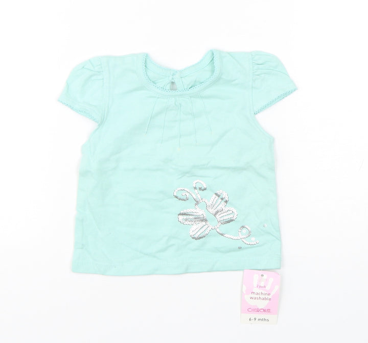 Cherokee Girls Green  Cotton Basic T-Shirt Size 6-9 Months Round Neck Pullover